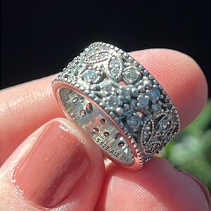 Pandora Shimmering Leaves CZ Sterling Silver 925 Wide Cigar Band Ring